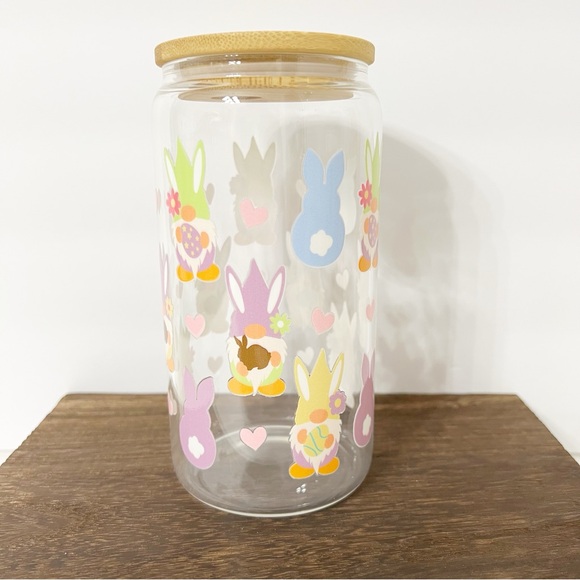 Bunny and Gnome Print Libbey Glass Can with Bamboo Lid and Straw - Picture 1 of 4